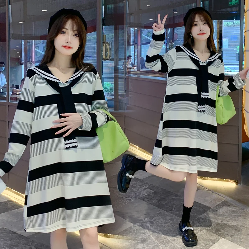 

Maternity Autumn Stripe Dress Preppy Style Sailor Collar Vintage Pregnant Women Dress Plus Size Pregnancy Casual Cotton Dresses