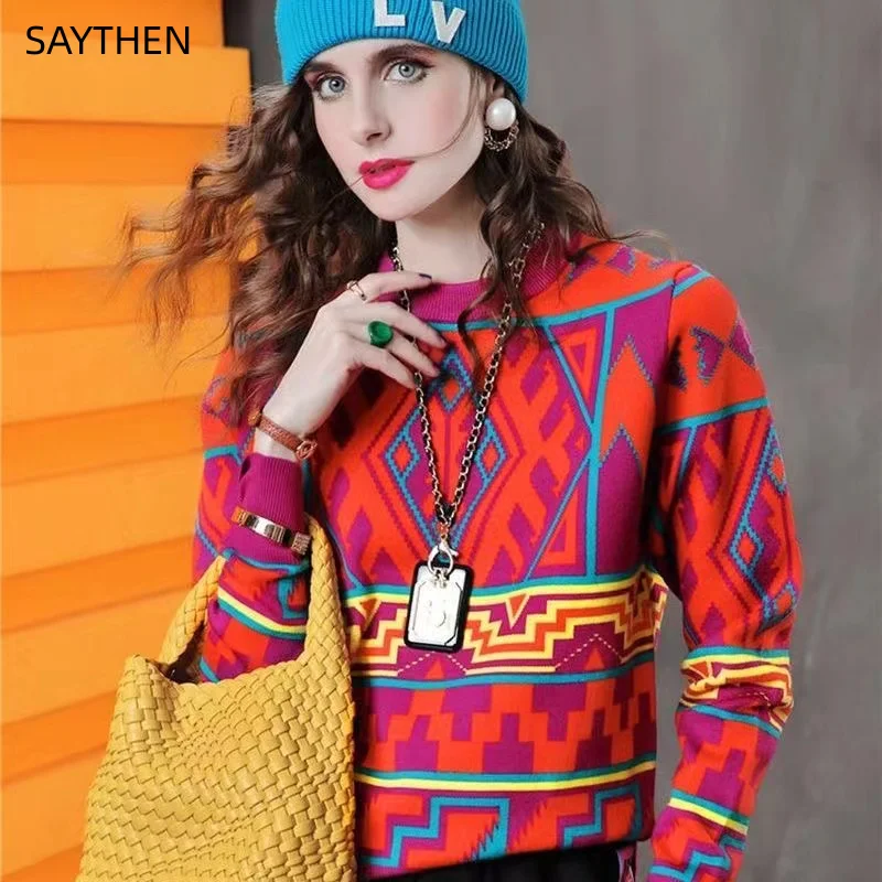 SAYTHEN 2023 New Women Autumn Winter O-Neck Jacquard Weave Geometric Pullover Knitwear Long Sleeve Korean Leisure Sweater ST2318
SAYTHEN 2023 New Women Autumn Winter O-Neck Jacquard Weave Geometric Pullover Knitwear Long Sleeve Korean Leisure Sweater ST2318
