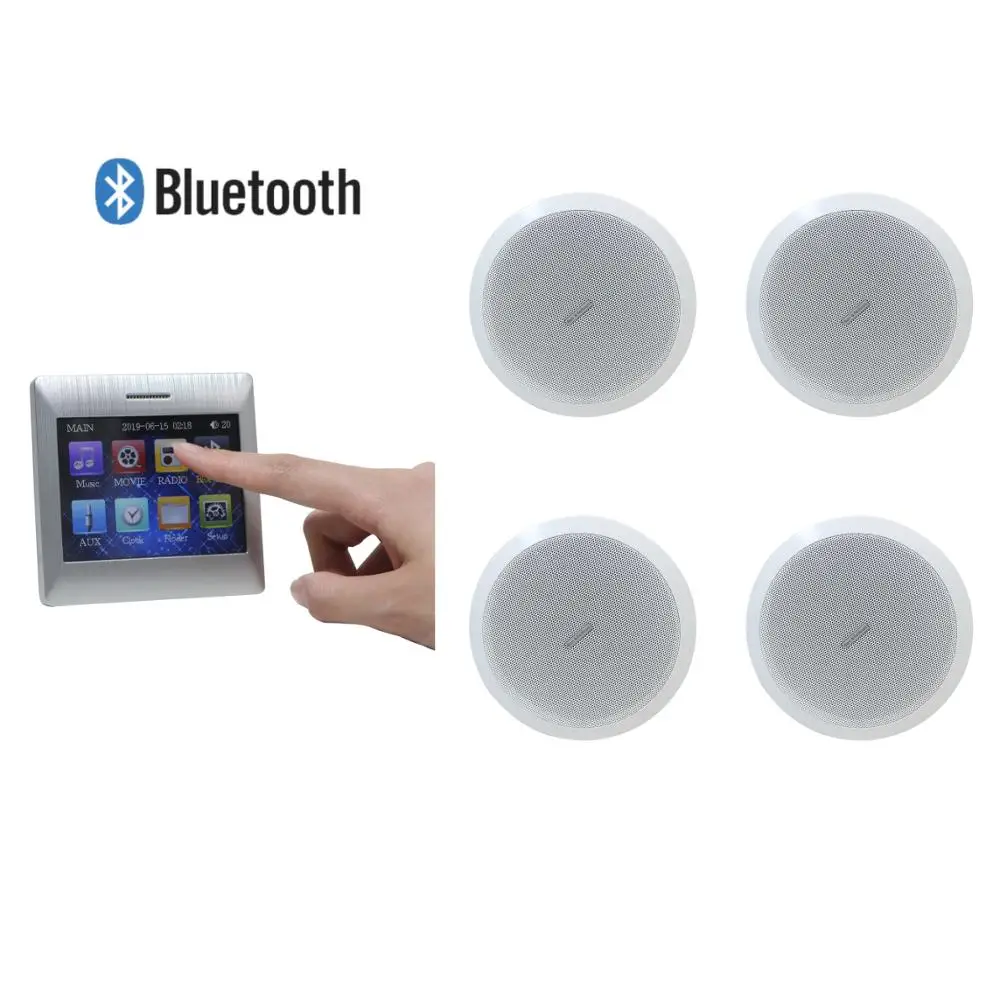 4x15W Touch Screen Inwall Audio Amplifier with wireless remote control and 4 pcs of ceiling speakers, Supports USB/SD/AUX/BT/FM
4x15W Touch Screen Inwall Audio Amplifier with wireless remote control and 4 pcs of ceiling speakers, Supports USB/SD/AUX/BT/FM
