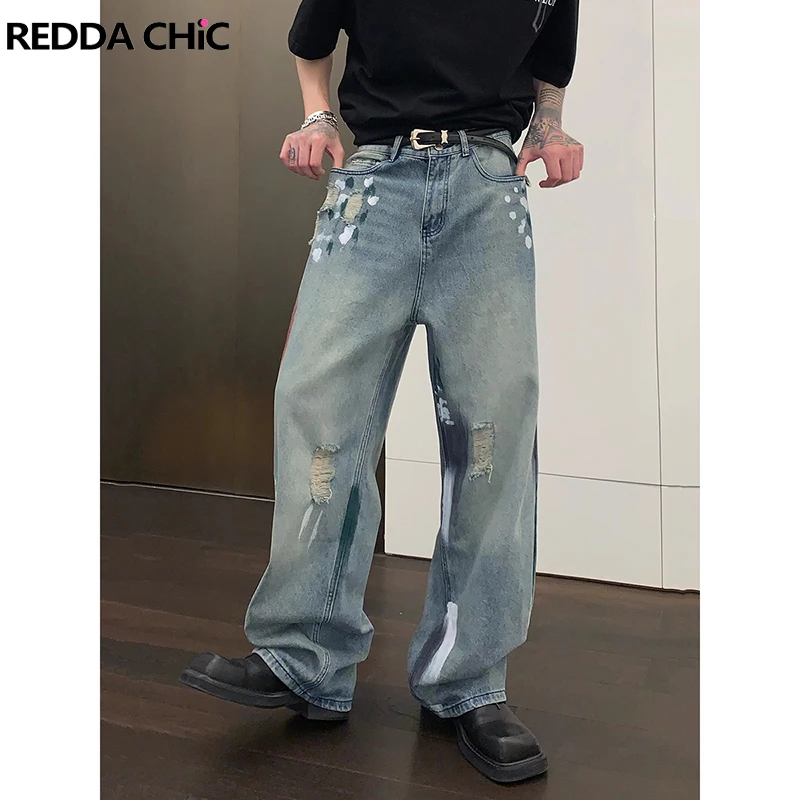 

Джинсы REDDACHIC мужские мешковатые в стиле хип-хоп, повседневные брюки в винтажном стиле с принтом граффити, с широкими штанинами, уличная одежда в Корейском стиле
