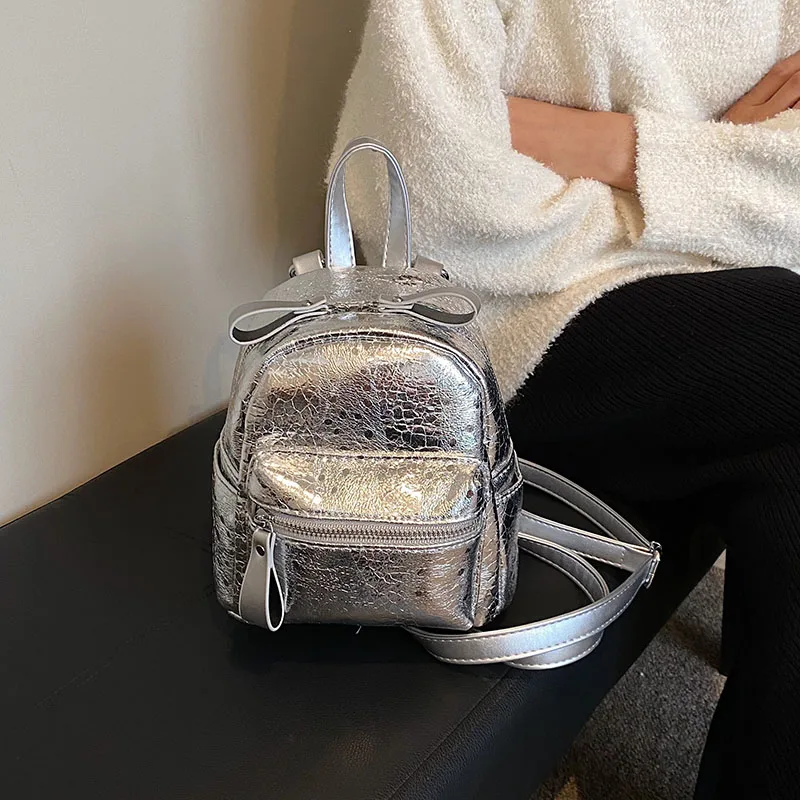 

Silver Backpack For Women Y2K Shoulders Bags Fashion Knapsack Student Packbag Kawaii Rucksack PU Leather Mochila Korean Bookbag