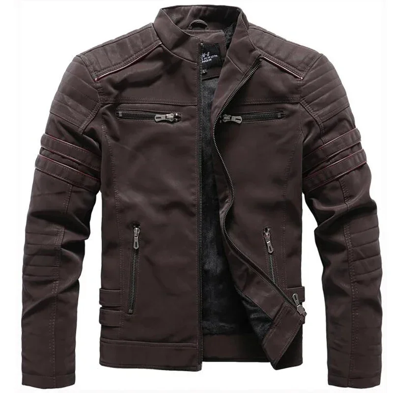 

Men Stand Collar Washed Retro Motorcycle Leather Jackets Jaqueta Masculino Mens Coats 4XL Clothing Winter Fleece Jacket