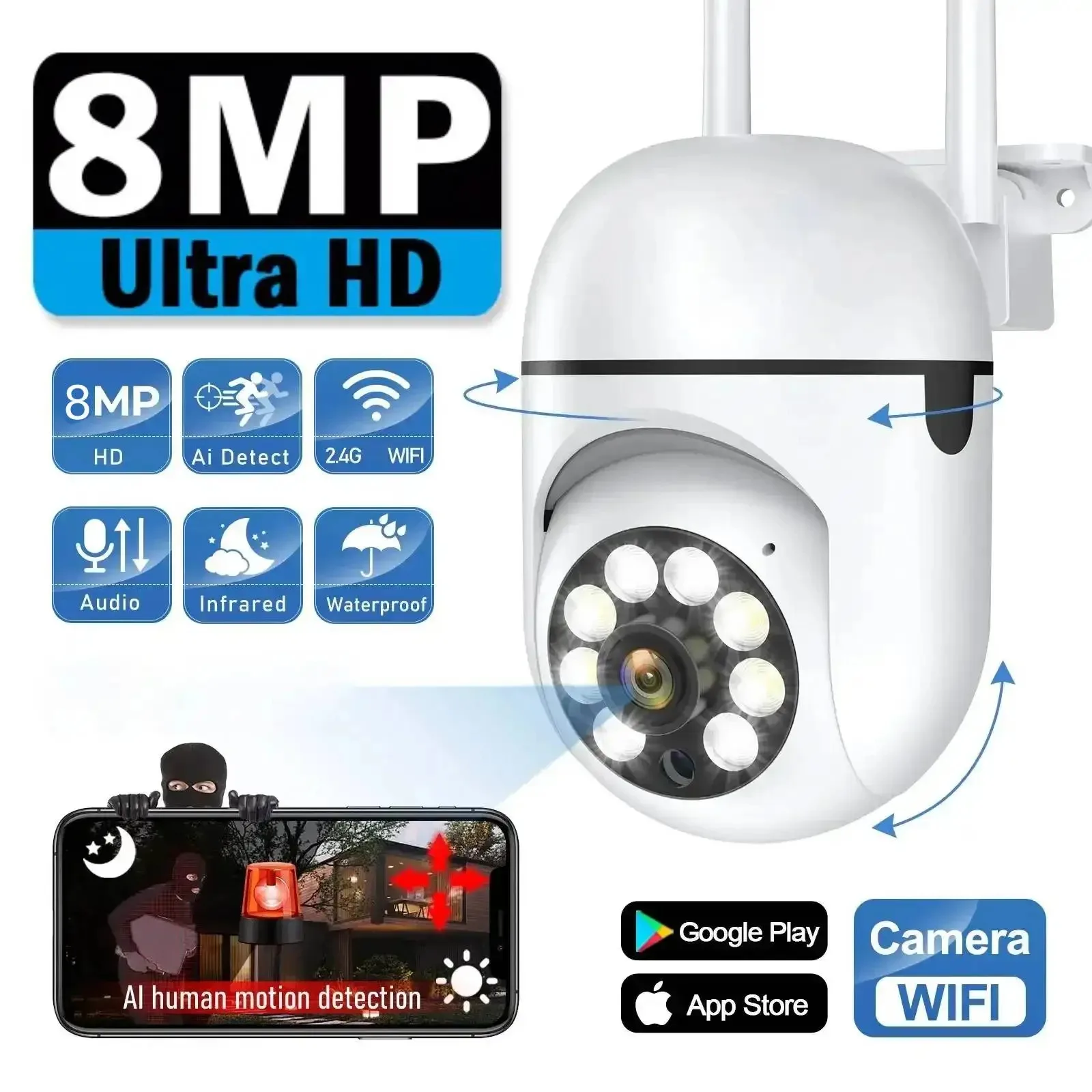 

8MP Wifi Wireless Security Monitor Cameras Color Night Vision Outdoor Cam Smart Home CCTV HD Surveillance Camera Waterproof