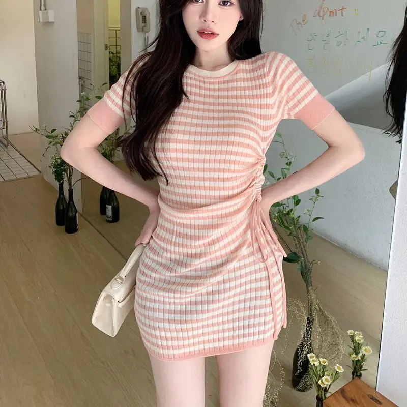 

Striped draw O-Neck Short Sleeve Thin Knitted Women Mini Dress Summer 2023 New Fashion Cute Sweetheart Casual Chic Girl Clothing