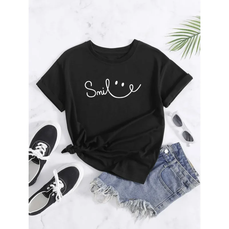 

Smile print crew neck T-shirt, casual loose short sleeve fashion summer T-shirts tops, women's clothing