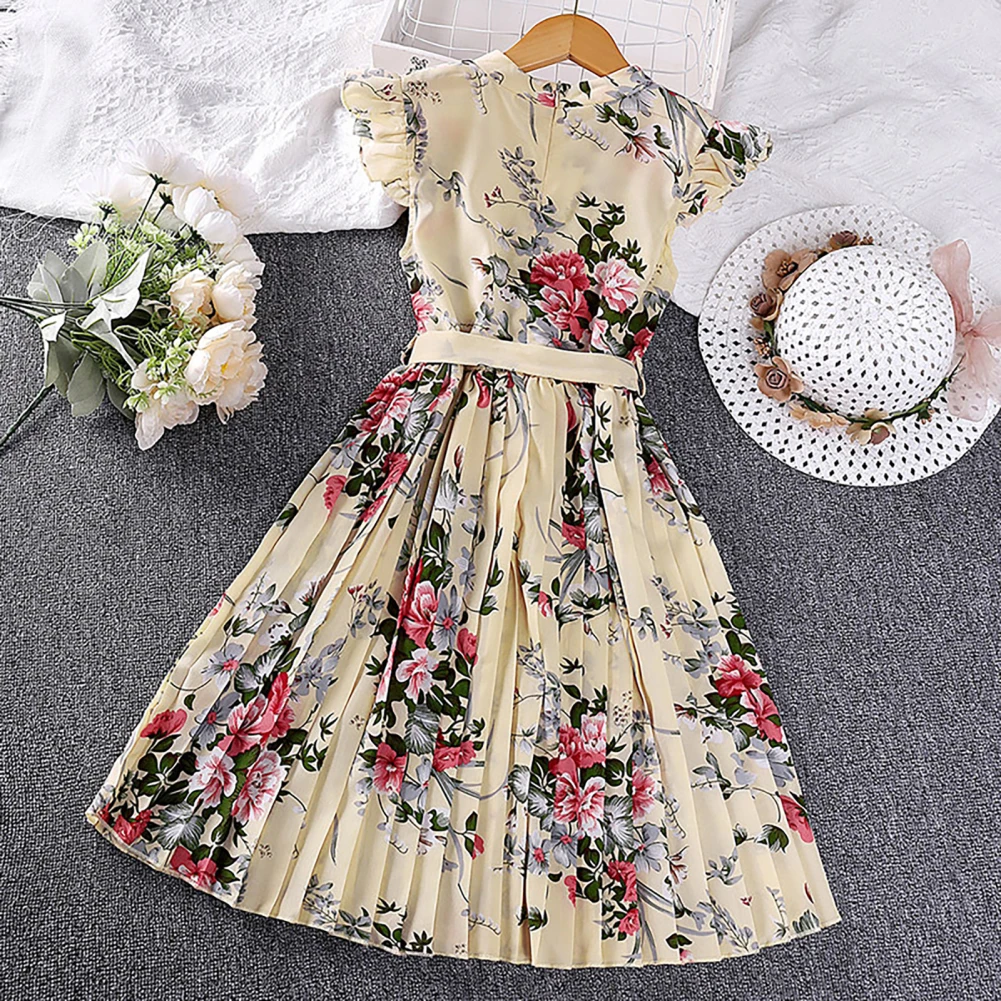 

Toddler Girl Summer Dress Casual Flutter Sleeve Scoop Neck Playwear Beach Sundress With Bow Waistband