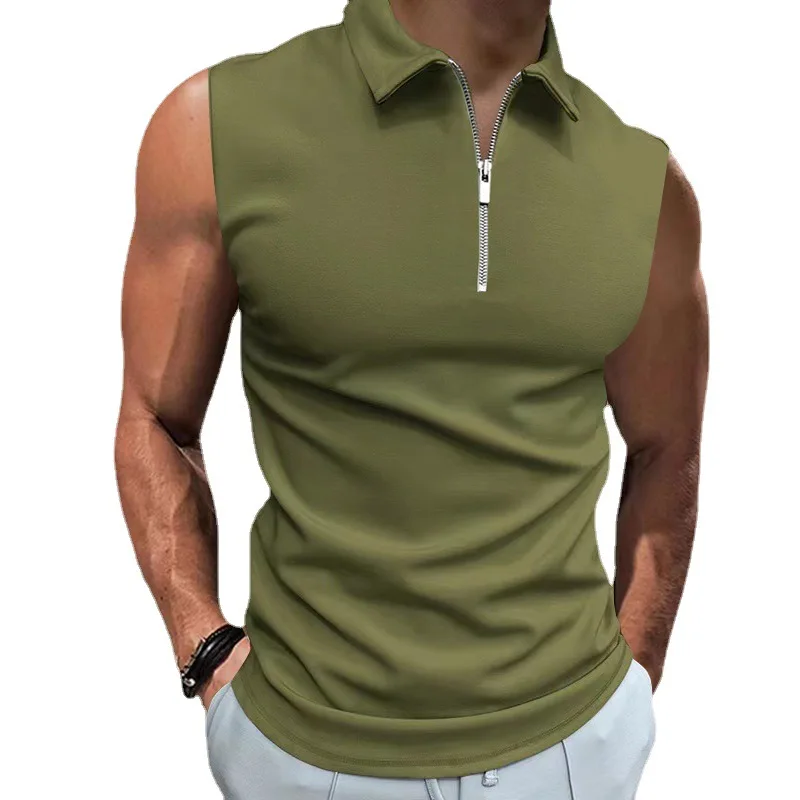 

Summer New Solid Color Fashion Sleeveless Polo Shirts Man High Street Casual Slim Zipper Patchwork Youth All-match Pullovers