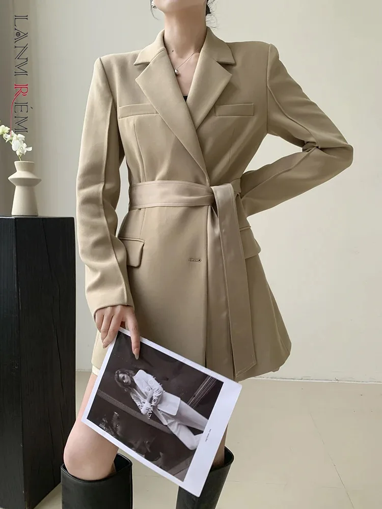 

[LANMREM] Lace-up Gathered Waist Mid-length Blazers For Women Single Breasted Office Lady Jackets 2024 Spring New 26D9074