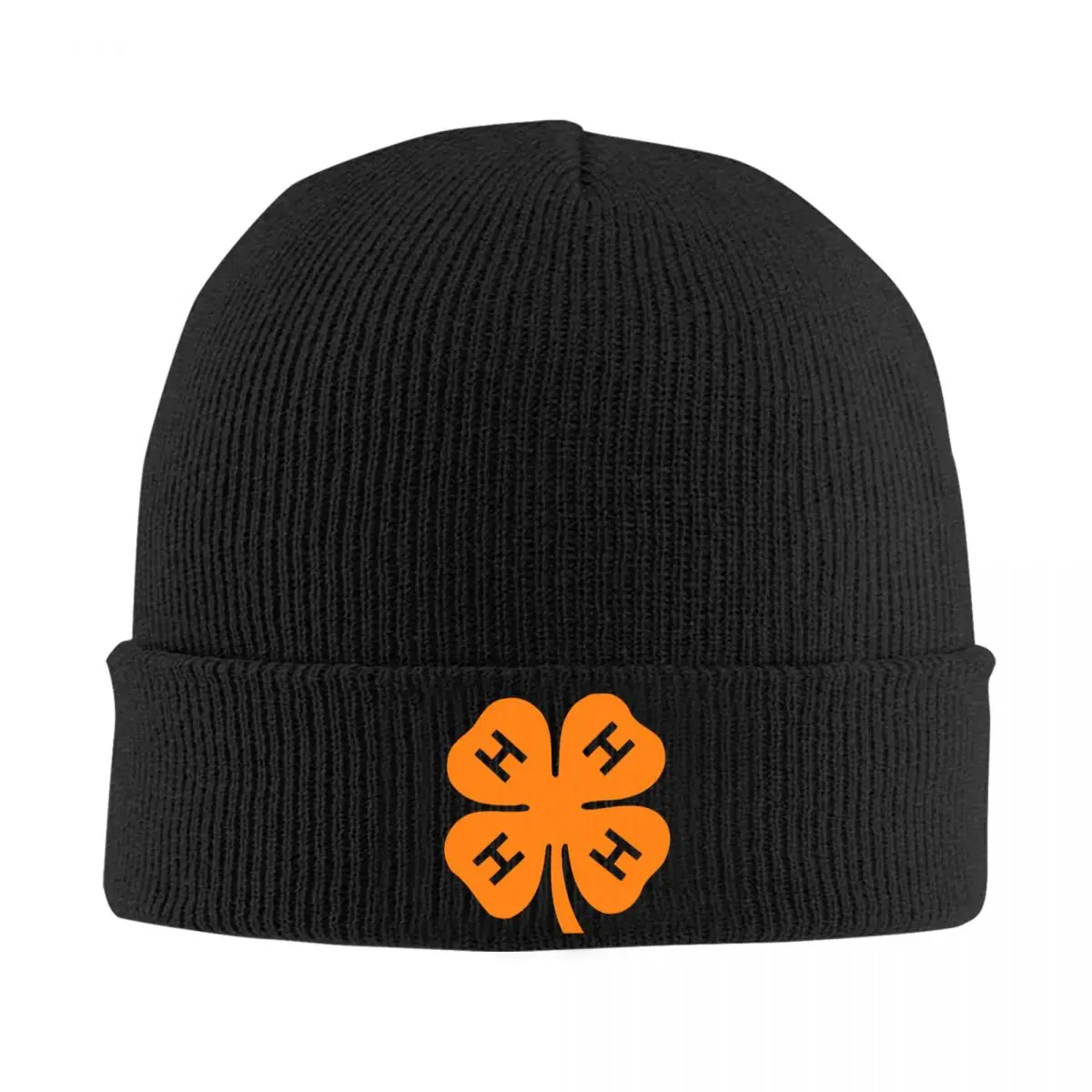 

Orange 4H Four Leaf Clover Skullies Beanies Caps For Men Women Unisex Hip Hop Winter Warm Knitting Hat Adult Bonnet Hats