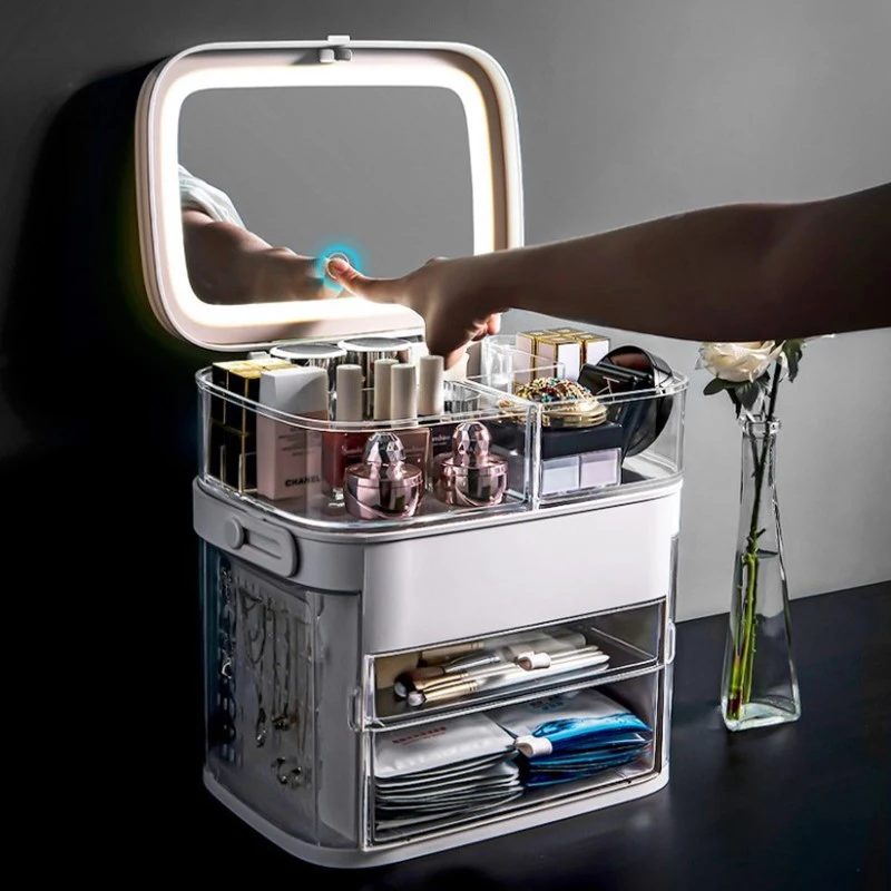 

Cosmetic Storage Box with LED Illuminated Makeup Mirror, Skin Care Dressing Table, Desktop Jewelry Shelf, Storage Boxes & Bins