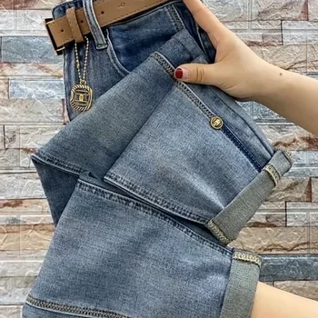 Eleve seu Estilo de Verão com Calças de Linho Algodão Femininas Sofisticadas 8 2023 NEW Spring Autumn High Waist Straight Jeans Loose Fit Stretch Haren Denim Pants Ladies Ankle-Length Jeans Pants