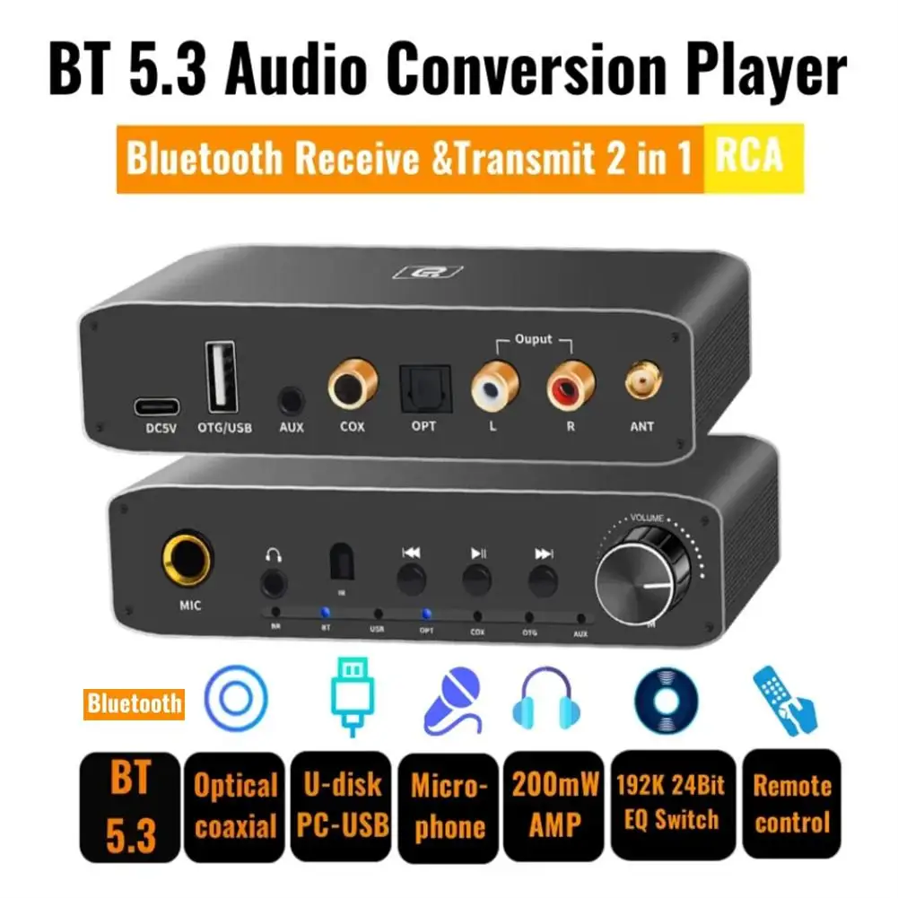 DAC310B Digital To Analog Audio Converter V5.3 Receiver Transmitter Coaxial Optical Bypass Aux Jack USB Multi-mode Input
DAC310B Digital To Analog Audio Converter V5.3 Receiver Transmitter Coaxial Optical Bypass Aux Jack USB Multi-mode Input