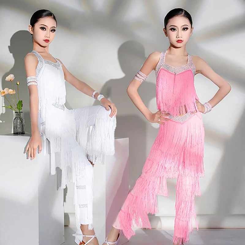 

Girls Latin Dance Costume Rhinestone Tassel Tops Pants Cha Cha Rumba Samba Performance Wear Kids Competition Clothing TS497