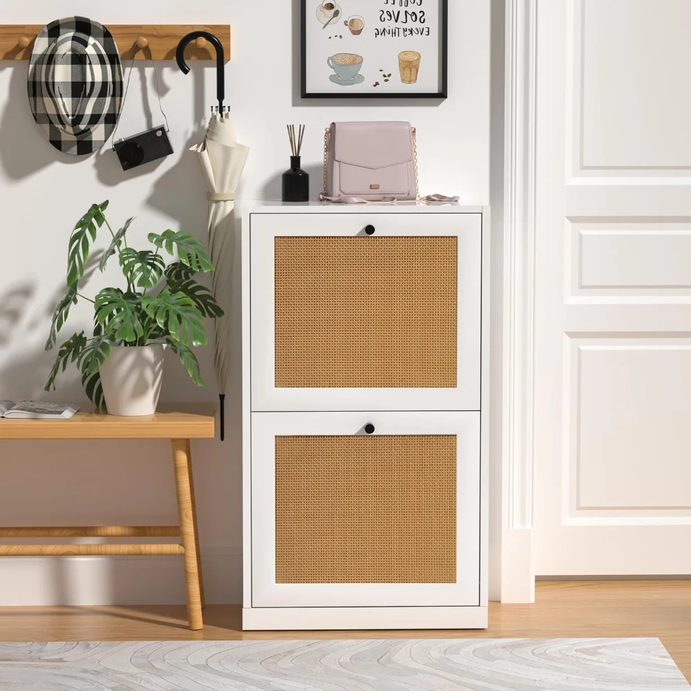 

Entryway Cabinet Wooden Shoe Rack with 2 Flip Drawers, 2-Tier Shoe Storage Cabinet for Entryway Hallway, White S0002