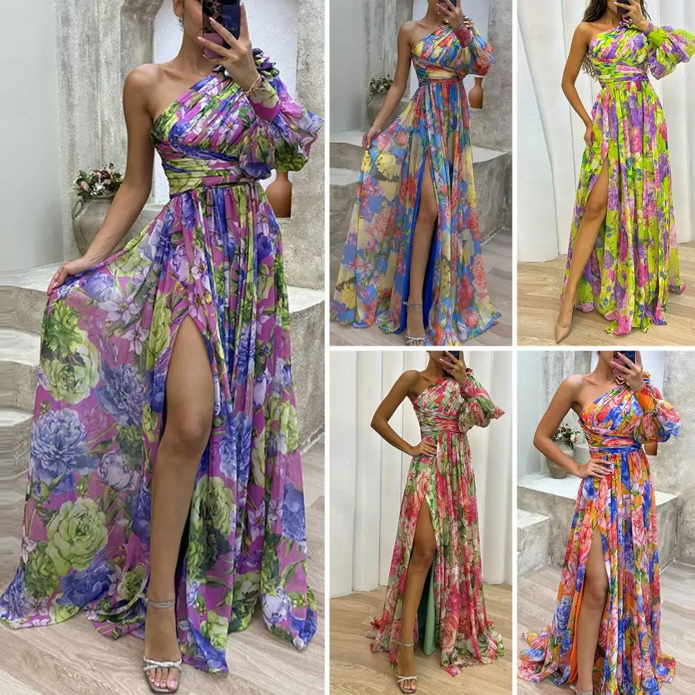 

A-line Evening Gown Elegant One Shoulder Floral Print Maxi Dress with Side Split Hem for Women for Parties Banquets Special