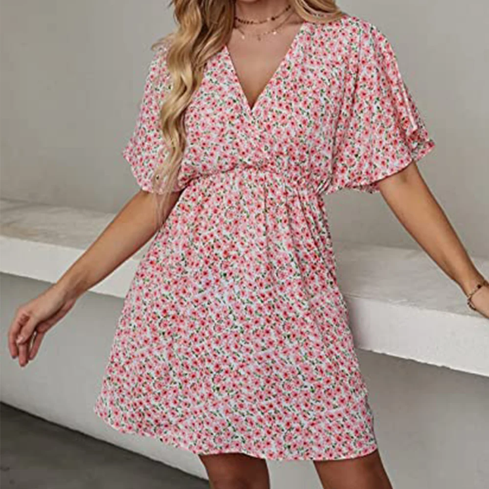 

Women's Bat Sleeve V Neck High Waist Dresses 2022 Fashion Summer Printed Swing Hem Woman's Skirt Mid-length Sleeves Dress Woman