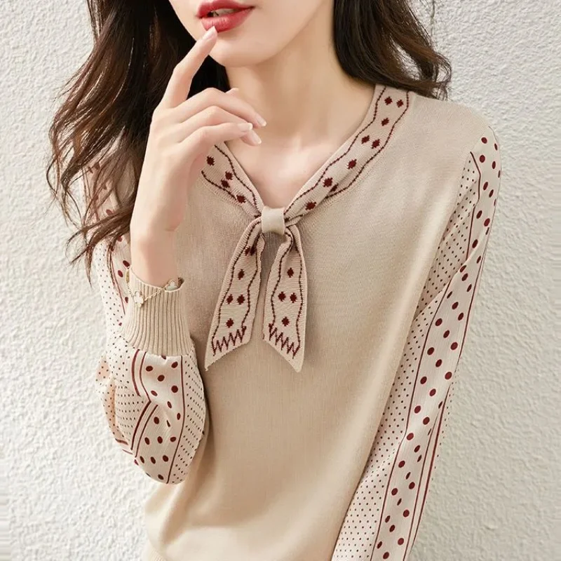 

Fashion Elegant Polka Dot Spliced Knitted Pullovers Female Autumn Winter Korean Round Neck Lace Up Sweaters Women's Clothing