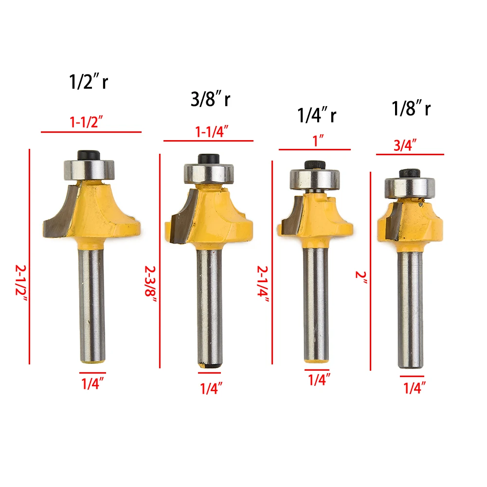 4pcs 1/4 Inch Shank Round Over Router Bit With Bearing Milling Cutter Round Over Bead Edge Forming Router Bit 1/2" 3/8" 1/4" 1/8
4pcs 1/4 Inch Shank Round Over Router Bit With Bearing Milling Cutter Round Over Bead Edge Forming Router Bit 1/2" 3/8" 1/4" 1/8