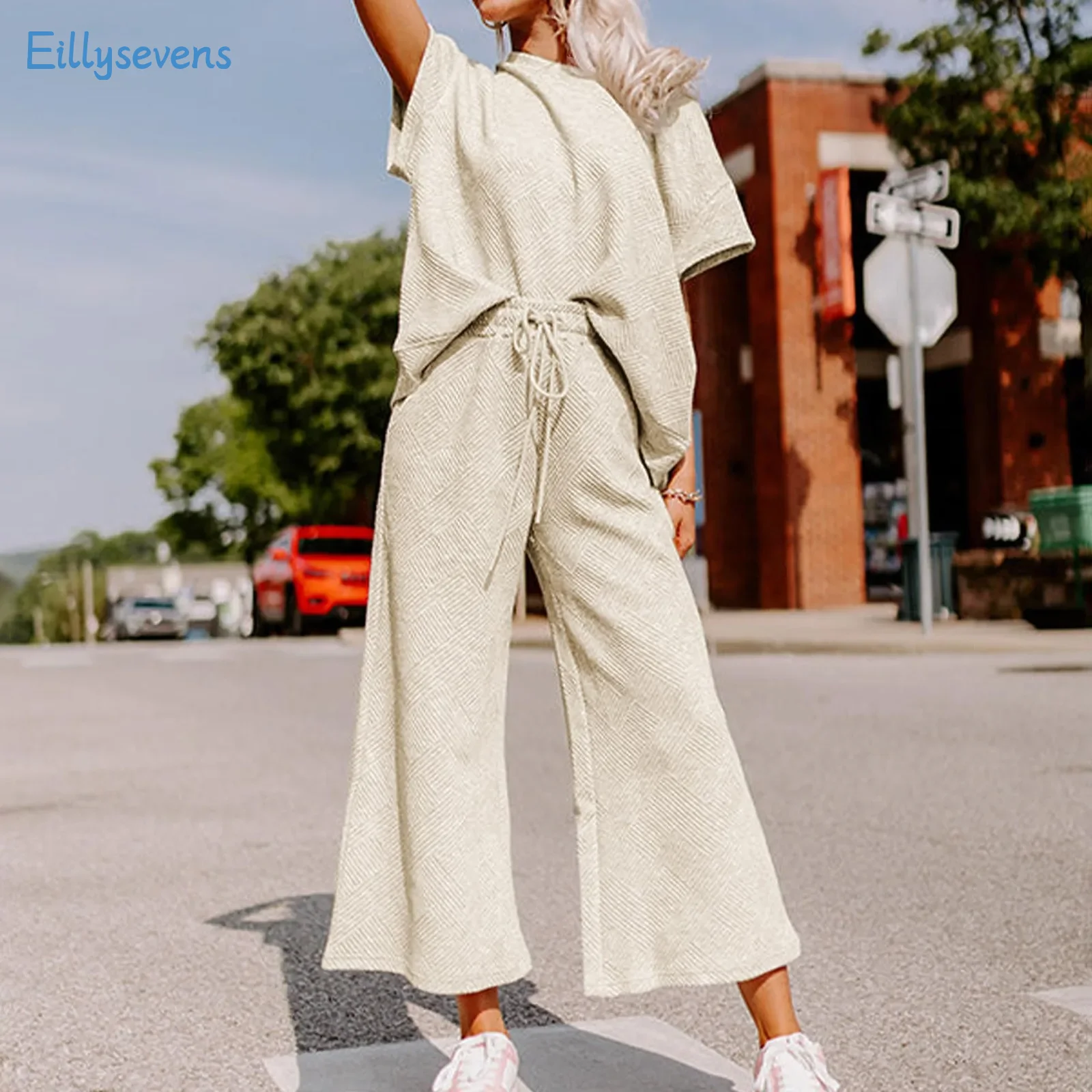 

Women Causal Two-Piece Suit Summer New Fashion Solid Color Textured Drawstring Sports Two-Piece Suit Loose All-Match Streetwear