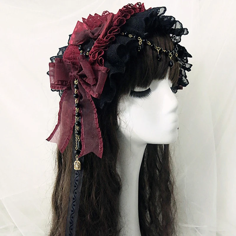 

Handmade Lolita hairband Cute bead chain Red headwear Accessory Vintage collocation bow fashion Women Headdress