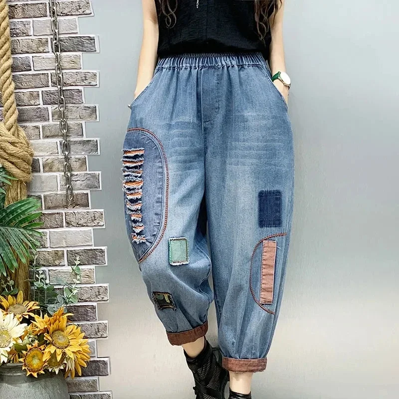 

High waisted Women's jeans Spring Autumn Vintage Loose Female Nine point Harlan Pants With pockets Women Denim Casual Pants Z477