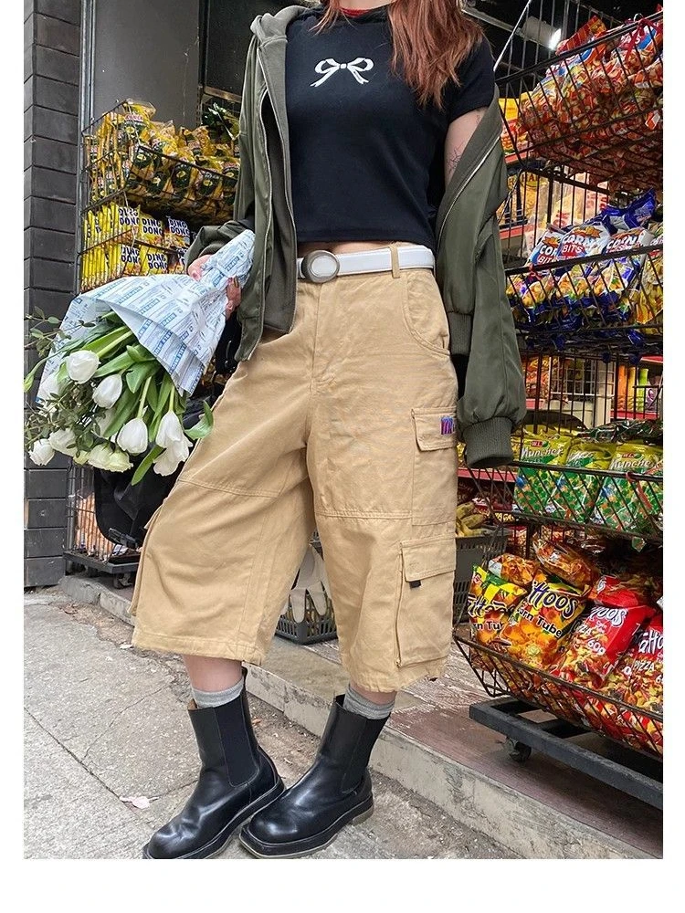 

Брюки-карго женские с карманами, укороченные штаны нейтрального цвета, тонкие повседневные Прямые брюки с широкими штанинами, в уличном стиле, на лето