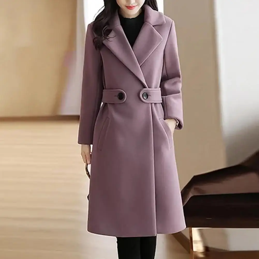 

Women Overcoat Stylish Belted Mid Length Women's Overcoat with Turn-down Collar Button Closure Thick Solid Color for Fall