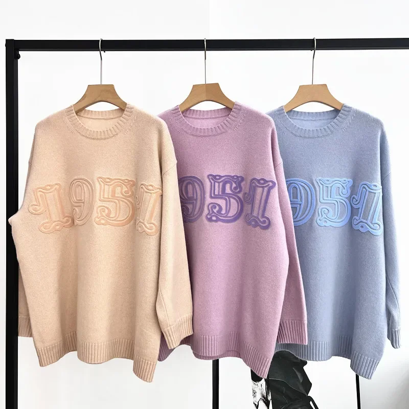 Letter Jacquard Sweater for Women Round Neck Long Sleeve Loose Autumn Winter Pullover
Letter Jacquard Sweater for Women Round Neck Long Sleeve Loose Autumn Winter Pullover