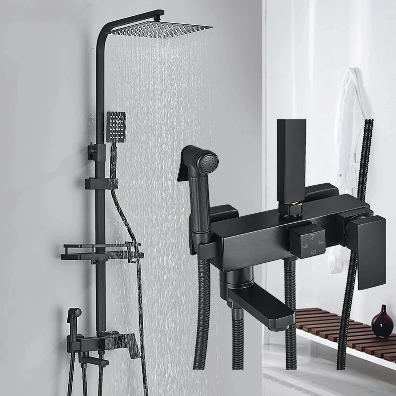 

Brass Shower Faucets Bathroom Shower Mixer Crane Bidet Faucet Rainfall Shower Set Shower Spray With Shelf,Black/Chrome