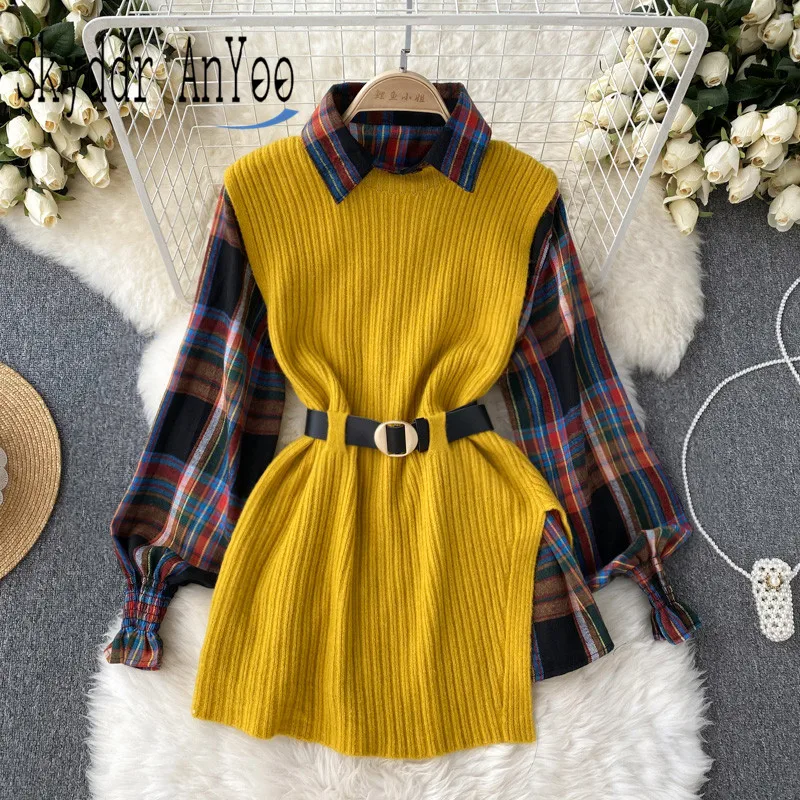 Autumn WinterTwo Pieces Sutis Casual Fall Outfits Women Loose Plaid Blouses Top+Split Knit Tank Top Vintage Female Clothing
Autumn WinterTwo Pieces Sutis Casual Fall Outfits Women Loose Plaid Blouses Top+Split Knit Tank Top Vintage Female Clothing