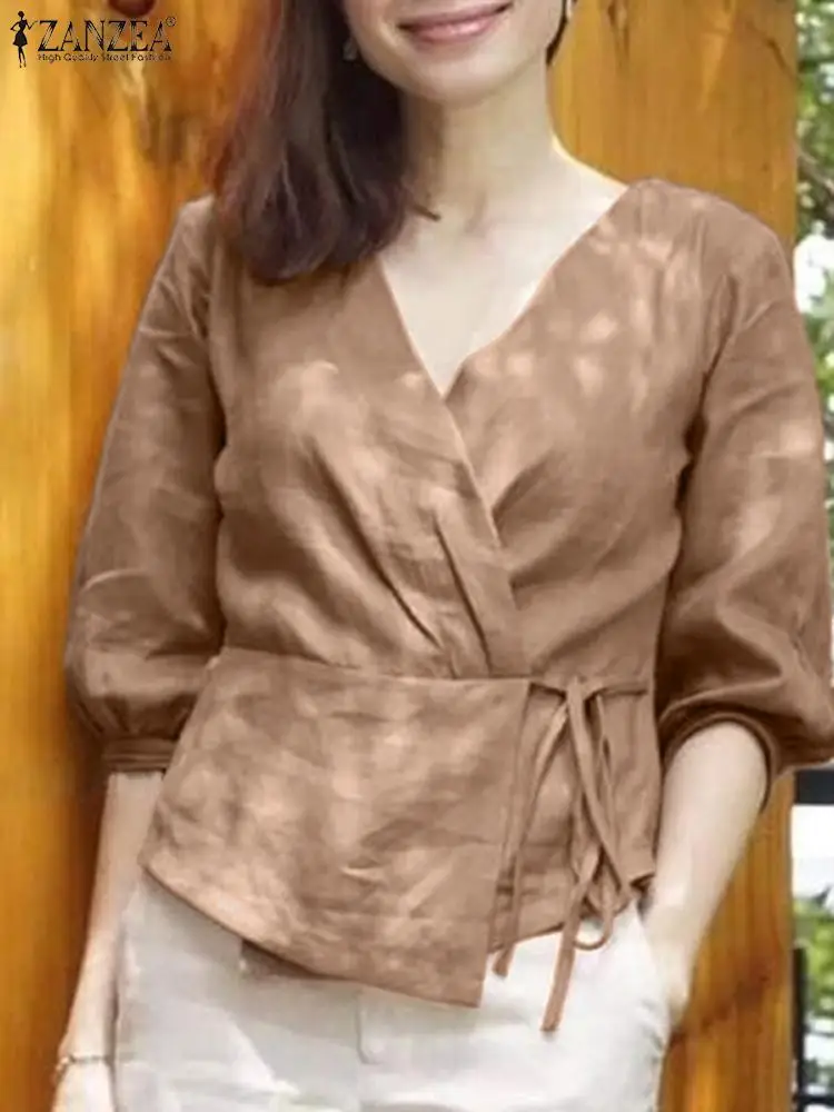 

Women Elegant Shirt ZANZEA Summer 3/4 Sleeve Solid Blouse Vintage OL Work Tops Casual Loose Cotton Blusas Female V Neck Chemise