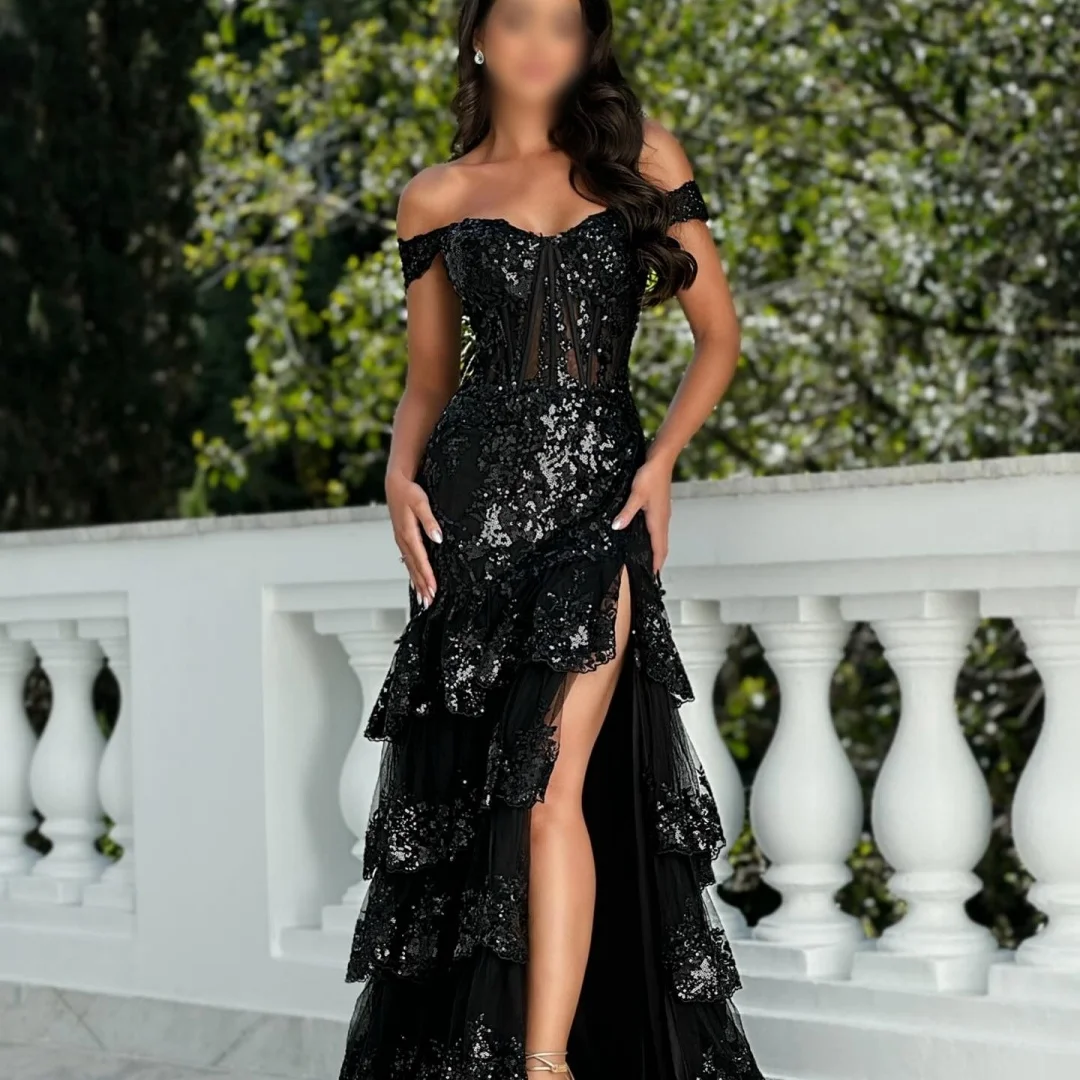 Sansa Customized Black Multi-Layered Off The Shoulder Party Dress Sequins Prom Dress Floor-Length A-line Evening Dresses 2025 8 S0a58e979fa6d41b6b324617cec538b9az