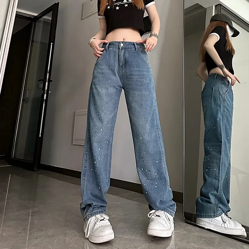 

2023 New Splash-Ink Y2k Baggy Jeans Women American Style Streetwear Casual Trouser Vintage High Waist Wide Leg Women's Pants