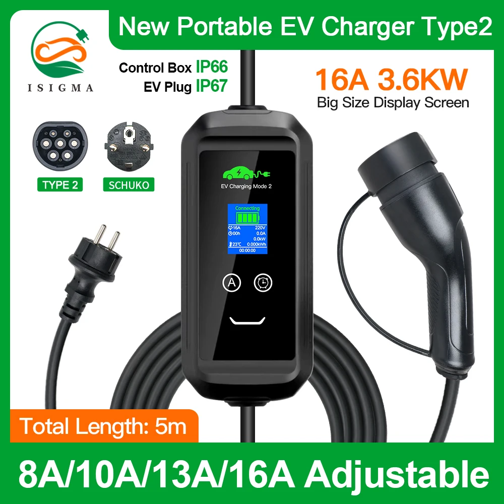 

ISIGMA 5m long 16A 1p type 1/type 2 car EV charger with Schuko plug 6A/8A/10A/13A/16A Adjustable 3.6kw portable ev charger