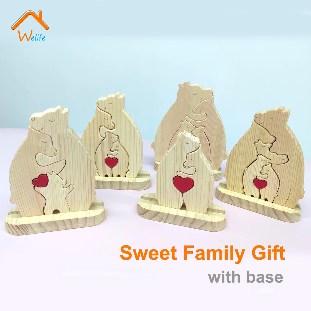 

Подарок на день матери, деревянный медведь, семейный пазл с основанием, Бесплатные персонализированные имена, самодельный домашний декор, подарок на день рождения для родителей