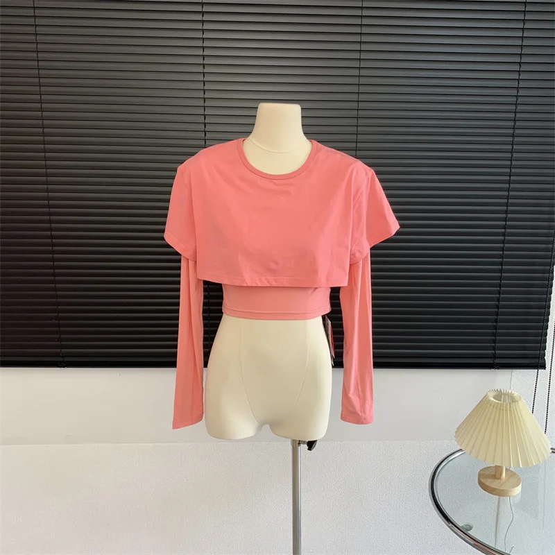 Футболка с длинным рукавом Y2K, однотонная облегающая винтажная эластичная Футболка с имитацией двух топов с коротким рукавом, весна-осень 
Футболка с длинным рукавом Y2K, однотонная облегающая винтажная эластичная Футболка с имитацией двух топов с коротким рукавом, весна-осень