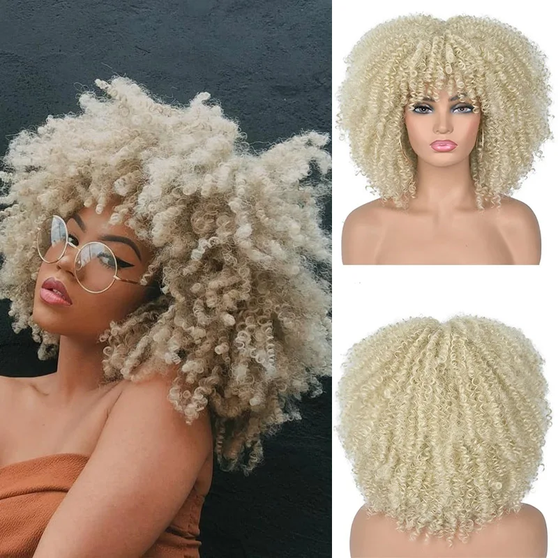 

Blonde Short Afro Kinky Curly Wig With Bangs For Black Women Ombre Synthetic Black Blonde Cosplay Wigs Heat Resistant Hair Wigs
