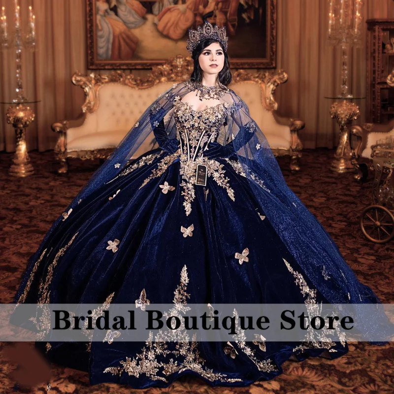 

Navy Blue Quinceanera Dress With Cape Two Gloves Sweet 16 Dress Butterfly Appliques Crystals Vestidos De 15 Años Ball Gown
