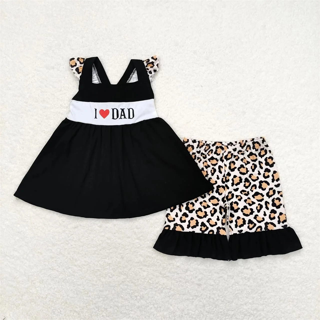 

Wholesale Baby Girl Summer Kids Embroidery Set Children Sleeveless I Love Dad Black Tunic Toddler Ruffle Leopard Shorts Outfit