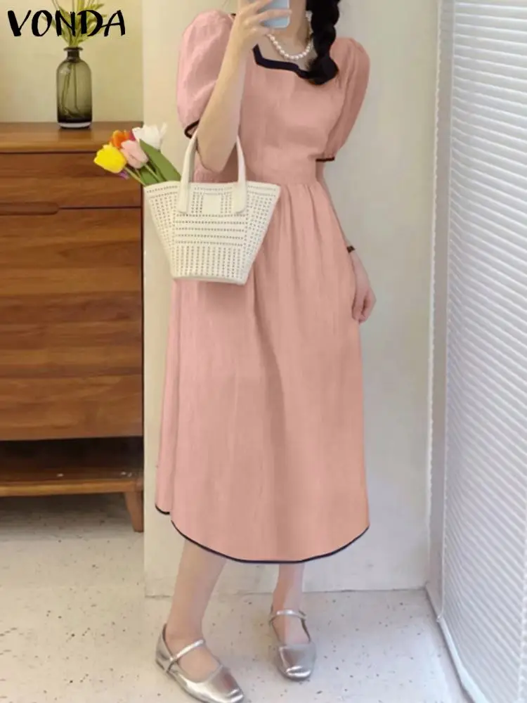 

Летнее платье-рубашка VONDA 2023, элегантное женское платье с коротким рукавом, цветной пэчворк, средней длины, повседневный плиссированный женский сарафан, платье