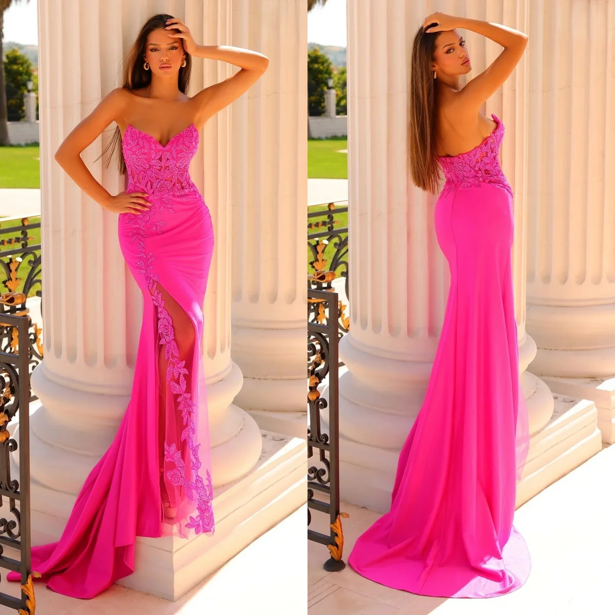 Fuschia Mermaid Prom Dresses Lace Appliques Sleeveless Evening Gowns Sexy Floor Length Engagement Homecoming Party Dresses
Fuschia Mermaid Prom Dresses Lace Appliques Sleeveless Evening Gowns Sexy Floor Length Engagement Homecoming Party Dresses