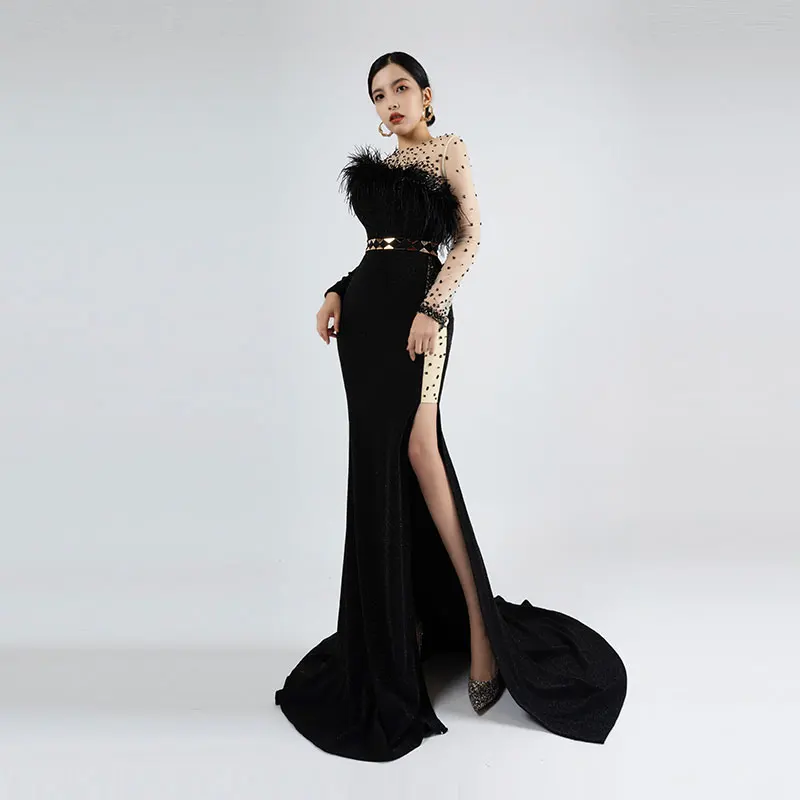 

Baisha Long Evening Party Dresses For Women Feather Beaded Split Skirt Fashionable Metal Waist Buckle Dress Long Sleeve H1120