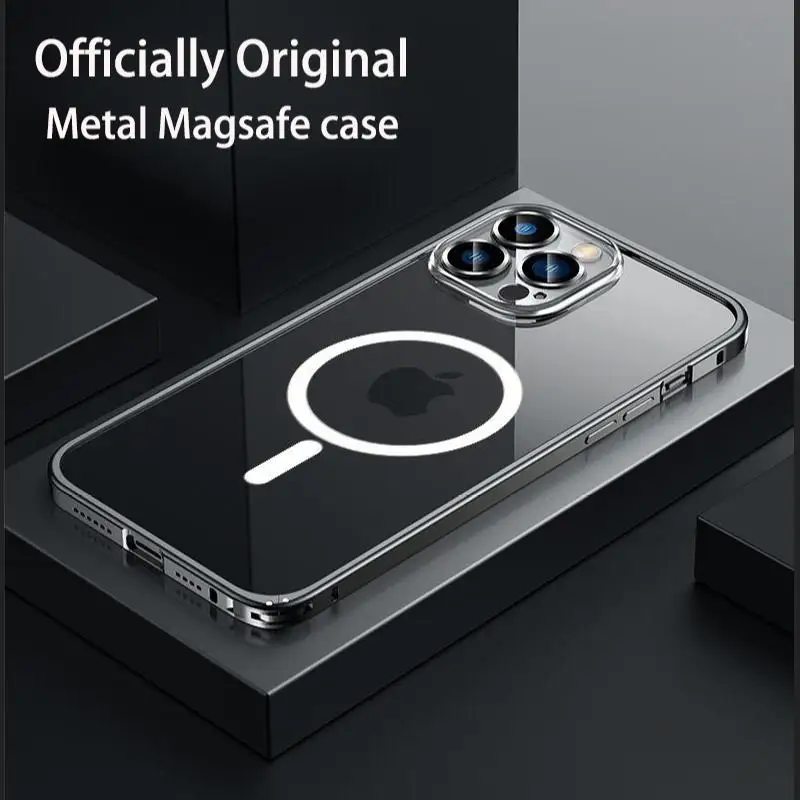 

Металлический магнитный чехол для телефона iPhone 14, 12, 13 Pro Max, для беспроводной зарядки, чехол Magsafe для iPhone 14 Pro Max, чехол из алюминиевого сплава