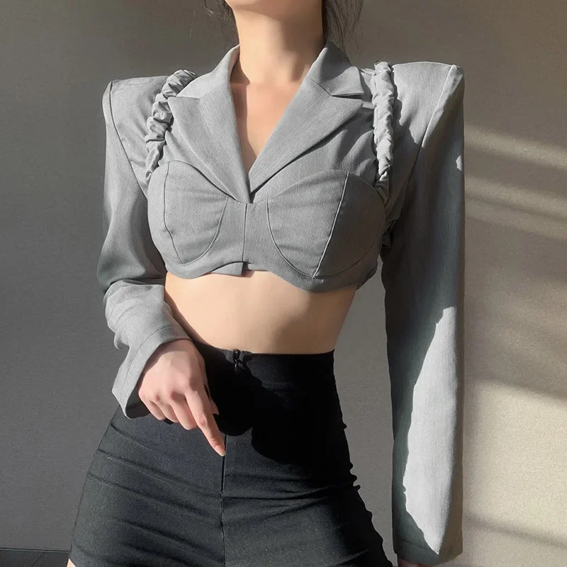 

2023 Korean Fashion Sexy Cropped Blazer Women Shoulder Pads Jackets Short Long Sleeve Chic Y2k Stylish Elegant Blazers Grey
