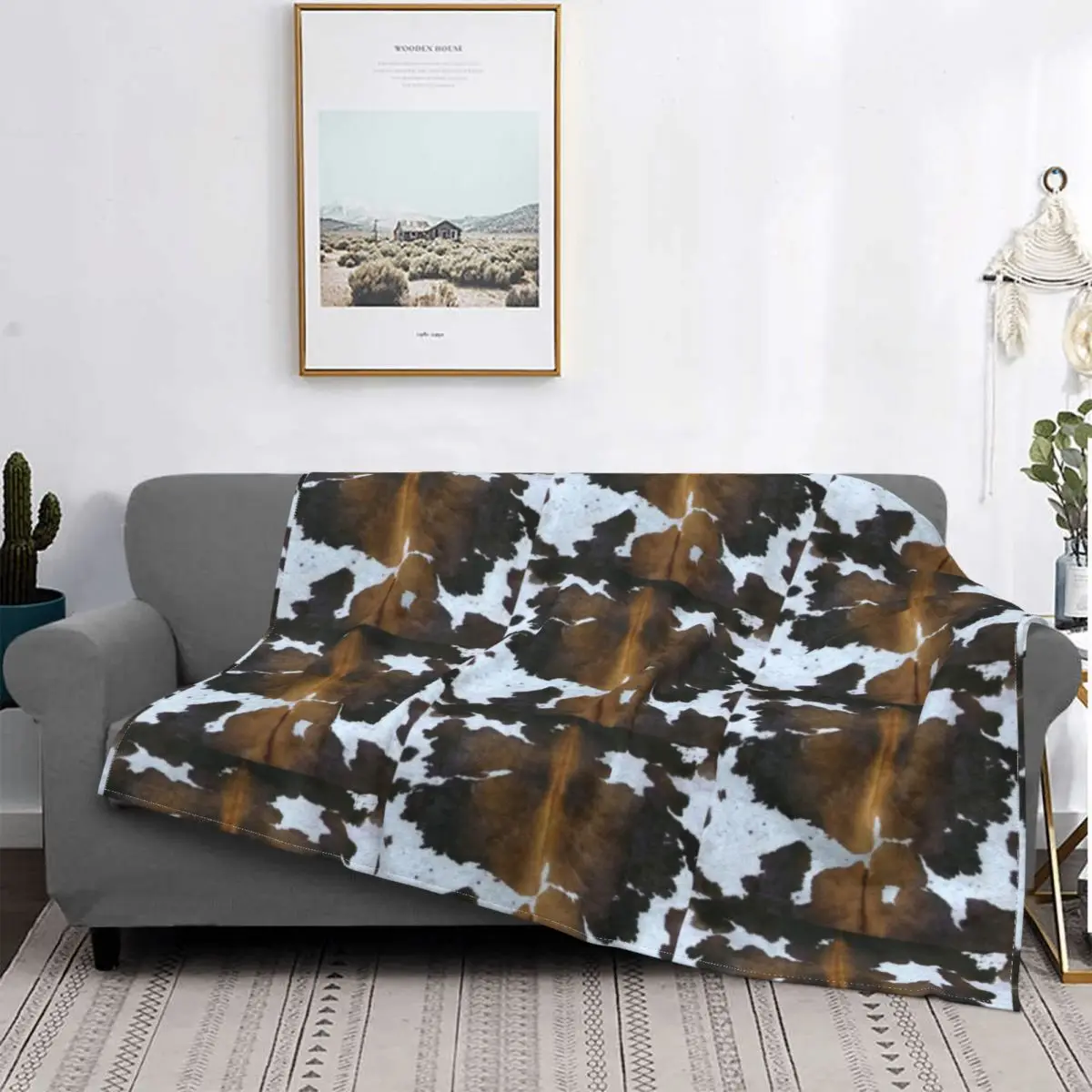 

Cowhide Patchwork Tan And White Texture Blankets Fleece Print Breathable Ultra-Soft Throw Blanket for Sofa Travel Thin Quilt