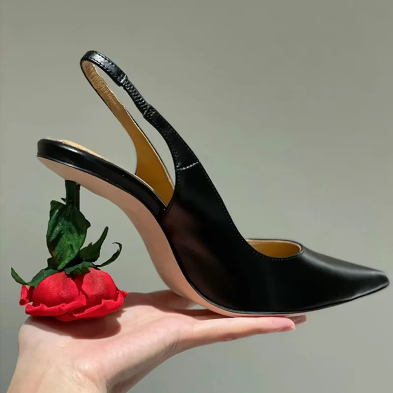 

New Rose Flower Strange High Heels Women Pumps Sexy Pointed Toe Slingbacks Luxury Leather Slim Dress Shoes For Girls