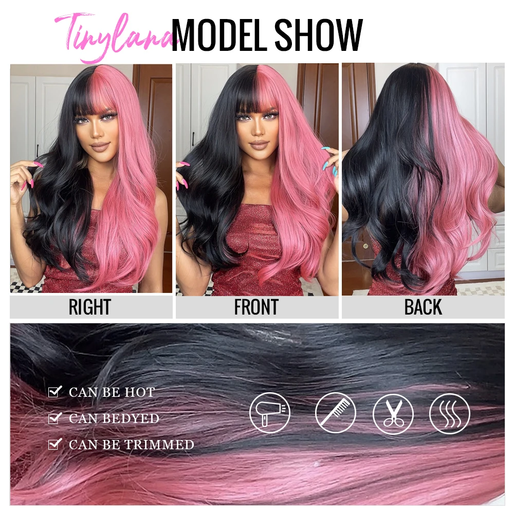 Pink and Black Long Wavy Synthetic Hair Wigs with Bangs Cosplay Christmas Halloween Hair Two Tone Wig For Women Heat Resistant Pink and Black Long Wavy Synthetic Hair Wigs with Bangs Cosplay Christmas Halloween Hair Two Tone Wig For Women Heat Resistant