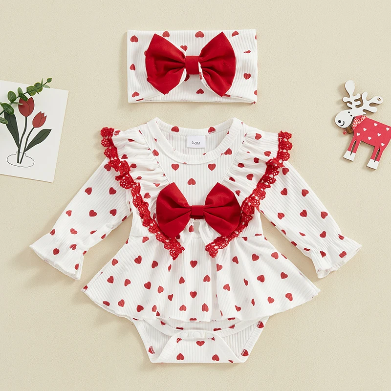 

0-18M Toddler Baby Girl Valentine's Day Outfits Long Sleeve Heart Print Bow Romper with Headband 2pcs Set Cute Infant Clothes