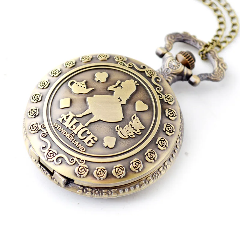 

Disney Retro Alice in Wonderland Theme Bronze Quartz Pocket Watches Vintage Fob Watches Christmas Brithday Gift relogio