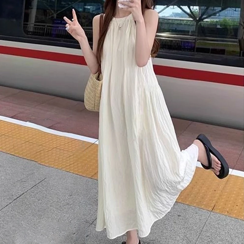 

HOUZHOU милые платья миди без рукавов с открытыми плечами винтажные свободные драпированные длинные платья наряды для отпуска Женская мода лето 2024